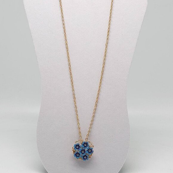 1972 AVON Floral Brooch Necklace Blue Enamel Flowers Rhinestones 26 Inches - Picture 2 of 6